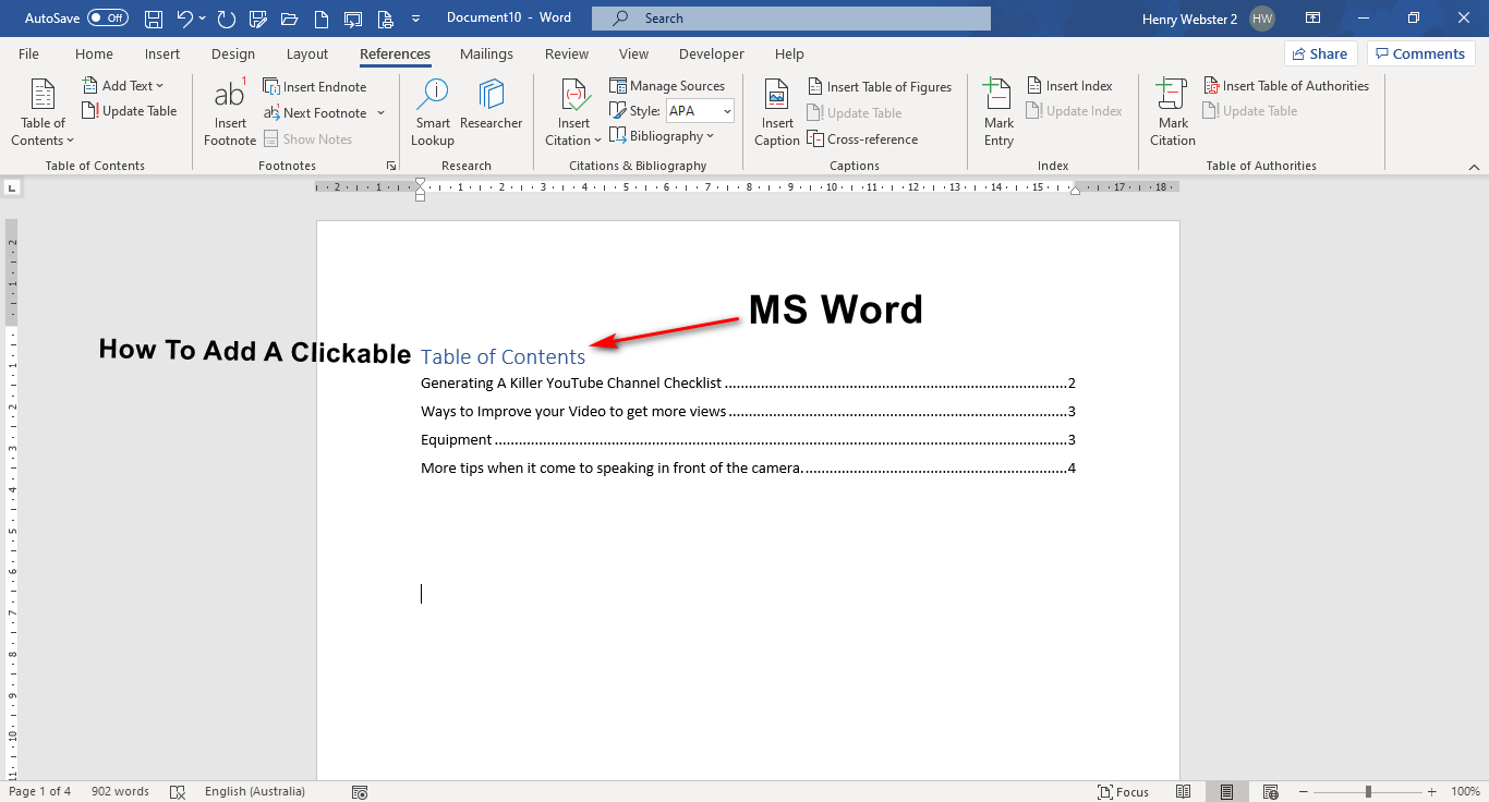 how to make a clickable table of contents word 2016